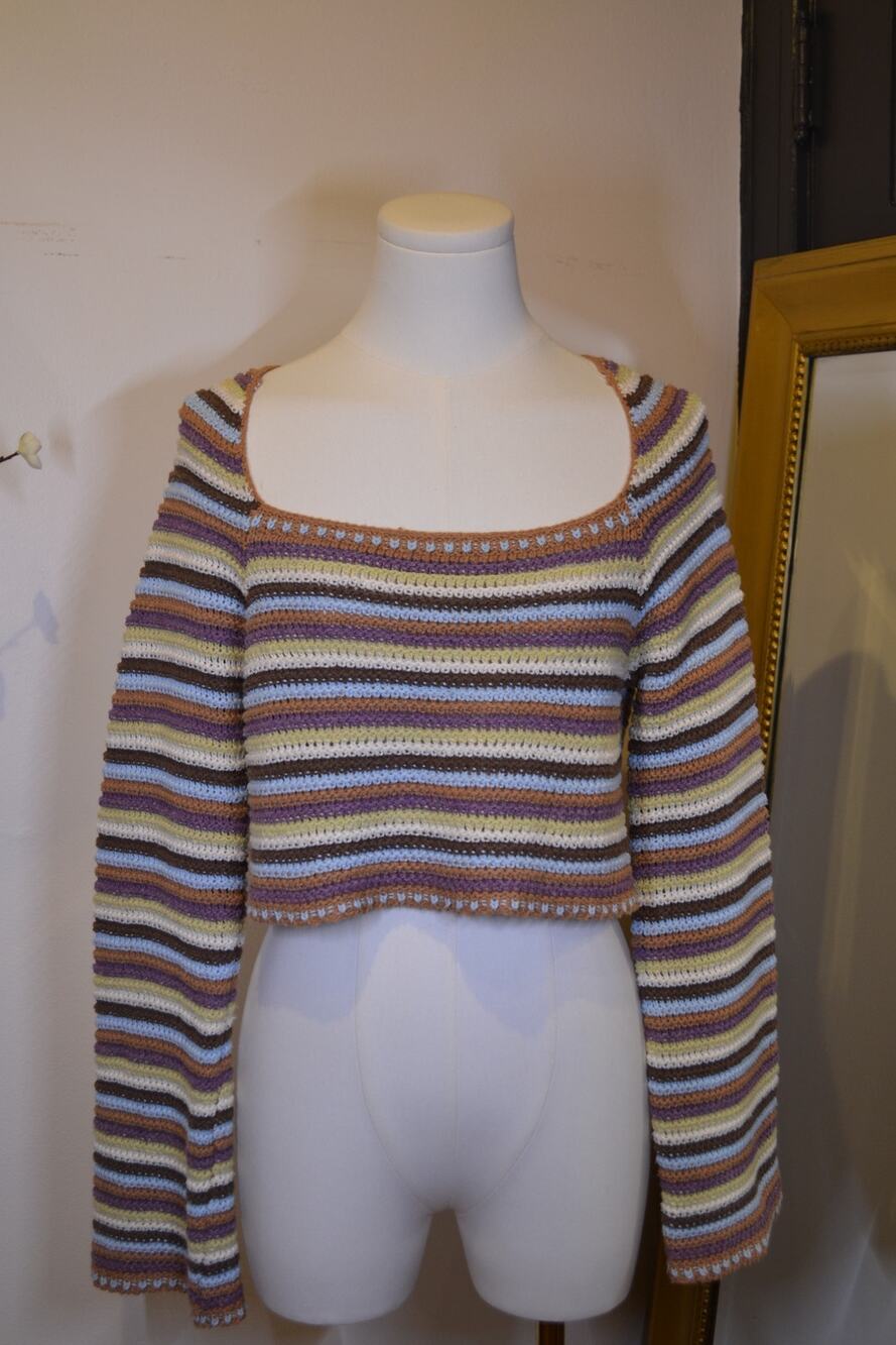 Boho Indie Artsy Cropped Striped Sweater with Wide Bell Sleeves Size S/M